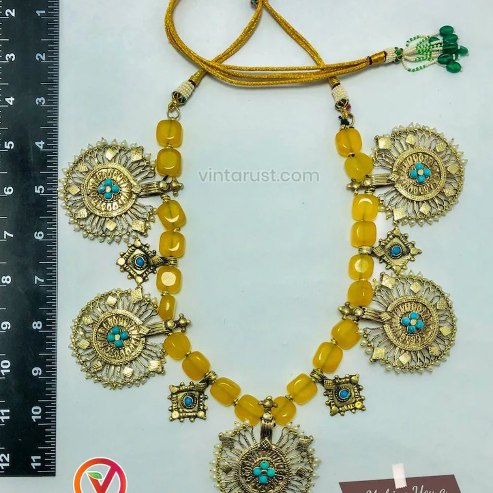 Tribal Choker Necklace, Yellow Stones Beaded Vintage Necklace - Picture 10 of 10
